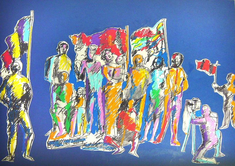 Popolo con bandiere, disegno di Dario Fo